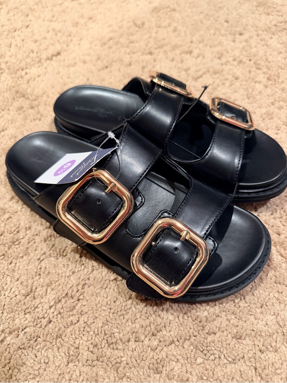 Universal Thread Black Collin Slide Sandals with Gold Buckles NWT